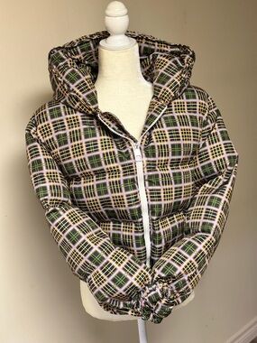 Plaid Hooded Puffer Jacket - Green/Yellow Plaid
